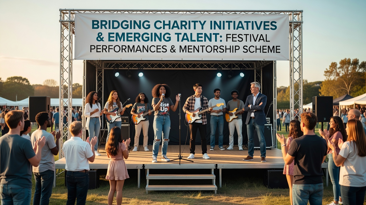 Mentorship workshop in progress with emerging musicians receiving guidance from experienced performers at a festival venue