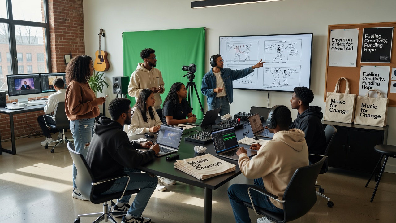 Behind-the-scenes view of a music video shoot incorporating charity messaging and innovative lighting technology